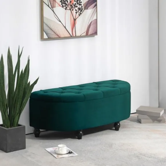 Rootz Velvet Opbevaringsbænk - Mørkegrøn bænk - Polstret bænk - Tæppeorganisering - 120 cm x 46 cm x 42 cm