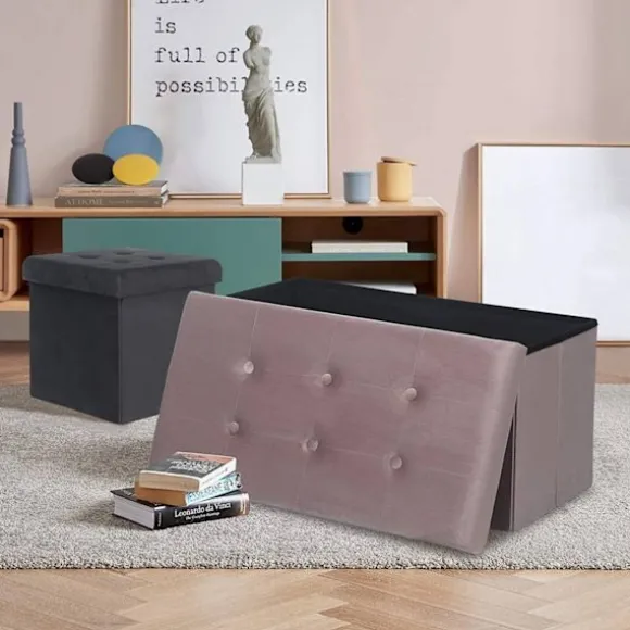 Rootz Velvet Opbevaringsskammel - Sammenfoldelig osmannisk - Stor kapacitet - Elegant design - 76 cm x 38 cm x 37,5 cm