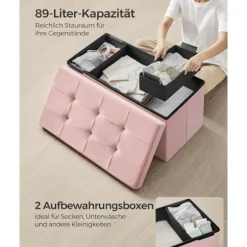 Rootz Velvet sædekiste - Opbevaring Ottoman - Polstret bænk - MDF konstruktion - Pastel Pink - 38cm x 76cm x 38cm - Letvægts - Rummelig - Robust