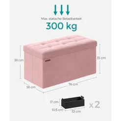 Rootz Velvet sædekiste - Opbevaring Ottoman - Polstret bænk - MDF konstruktion - Pastel Pink - 38cm x 76cm x 38cm - Letvægts - Rummelig - Robust
