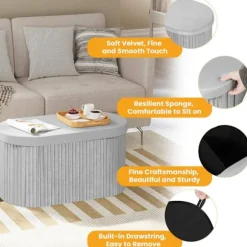 Rootz Velvet Seat Accoal - Opbevaring Ottoman - Foldbare møbler - 76L Kapacitet - 76x38x38cm Grå