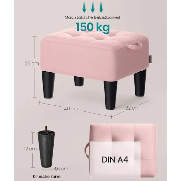 Rootz Velvet Seat Accoal - Pink and Black -Ottoman - Footrest - Understøtter 150 kg - 40 cm x 32 cm x 26 cm