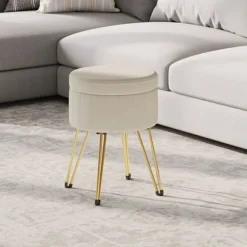 Rootz Velvet Seat Aftold - Opbevaringssæde - Rund afføring - Komfort & stil - 39 cm x 44,4 cm - Hvid
