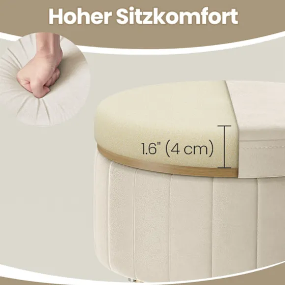 Rootz Velvet Seat Aftold - Opbevaringssæde - Rund afføring - Komfort & stil - 39 cm x 44,4 cm - Hvid