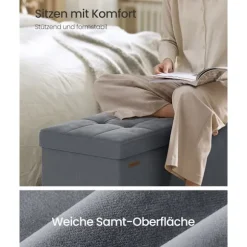 Rootz Velvet Storage Seat - Ottoman - FootStool - Max Capacity 300 kg - 38 cm x 110 cm x 40 cm - 112L Gray