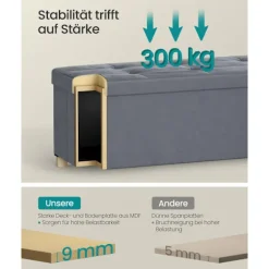 Rootz Velvet Storage Seat - Ottoman - FootStool - Max Capacity 300 kg - 38 cm x 110 cm x 40 cm - 112L Gray