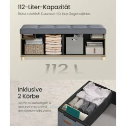 Rootz Velvet Storage Seat - Ottoman - FootStool - Max Capacity 300 kg - 38 cm x 110 cm x 40 cm - 112L Gray