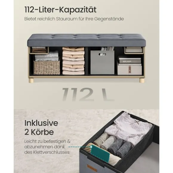 Rootz Velvet Storage Seat - Ottoman - FootStool - Max Capacity 300 kg - 38 cm x 110 cm x 40 cm - 112L Gray
