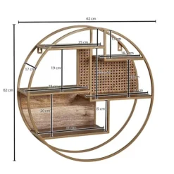 Rootz væghylde rattan 62x62x17 cm hængehylde massivt træ - metal industri - Ophængt hylde rund væg - Hylde Hængende Åben Stue