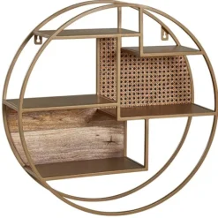 Rootz væghylde rattan 62x62x17 cm hængehylde massivt træ - metal industri - Ophængt hylde rund væg - Hylde Hængende Åben Stue