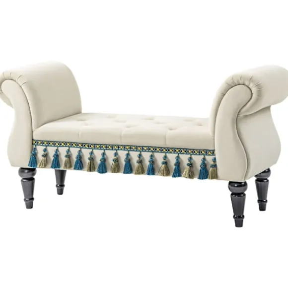 Rootz Vintage bænk - Polstret sæde - Sengebænk - Stel af massivt træ - Knapsyning - Beige - 117 cm x 40 cm x 58 cm