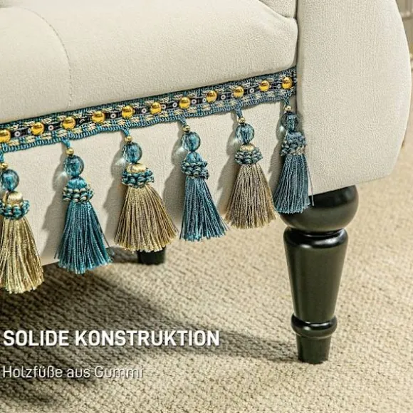 Rootz Vintage bænk - Polstret sæde - Sengebænk - Stel af massivt træ - Knapsyning - Beige - 117 cm x 40 cm x 58 cm