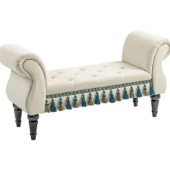Rootz Vintage bænk - Polstret sæde - Sengebænk - Stel af massivt træ - Knapsyning - Beige - 117 cm x 40 cm x 58 cm