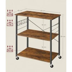Rootz Vintage brun-sort hylde - Opbevaringsstativ - Rullevogn - Spånplade og stål - 40 cm x 80 cm x 89 cm - 123 kg Kapacitet