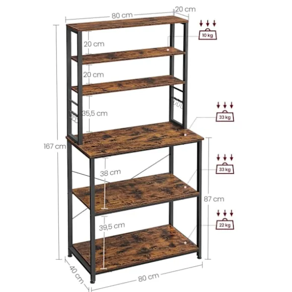 Rootz Vintage brun-sort køkkenhylde - Pantry Organizer - Opbevaringsstativ - Spånplade og stål - 80 cm x 40 cm x 167 cm - 21 kg - 90 kg Belastningskap | Fyndiq