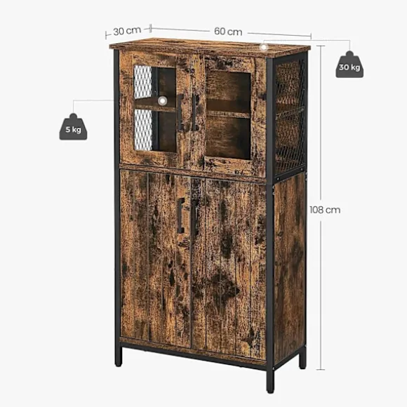 Rootz Vintage brun-sort opbevaringsskab - Spånplade stålglas - Højt skab - Vitrineskab - 30 kg øverste hyldekapacitet - 5 kg pr. hyldekapacitet - 60 c | Fyndiq