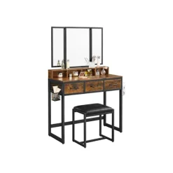 Rootz Vintage brun-sort sminkebordssæt - Sminkebord - Makeupbord - Spånplade og stålkonstruktion - Glasbordplade - Skammel af kunstlæder - Skumpude - | Fyndiq
