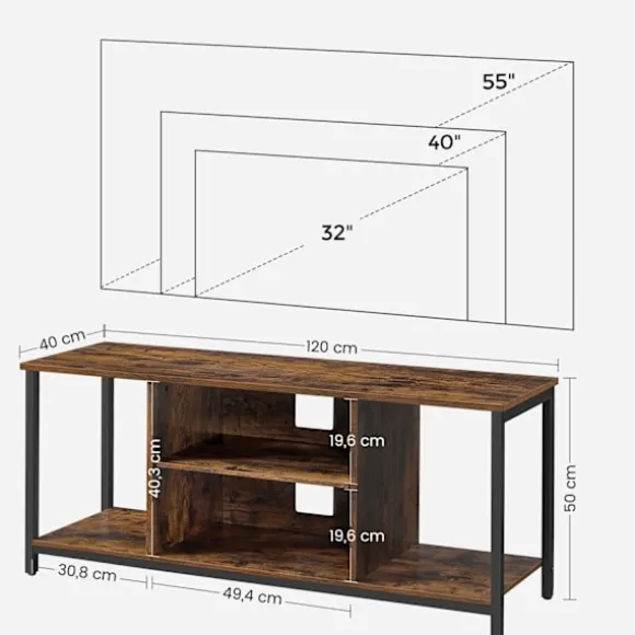 Rootz Vintage Brun-Sort TV-hylde - Underholdningsstativ - Mediekonsol - Spånplade og stål - 120 cm x 40 cm x 50 cm - Maks. belastning 40 kg - Nem mont | Fyndiq