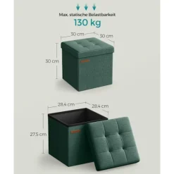 Rootz Vintage Grøn sædekiste - Opbevaring Ottoman - Fodstøtte - MDF imiteret linned - 25D skum - 30 cm x 30 cm x 30 cm - 1,6 kg - 130 kg Kapacitet