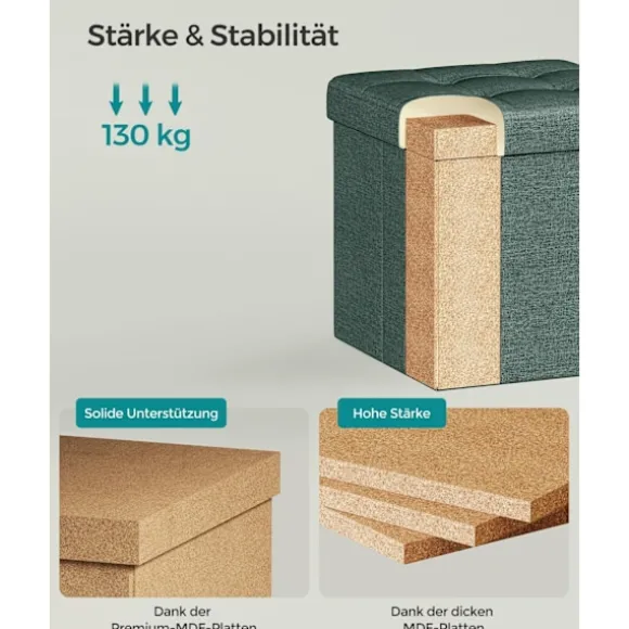 Rootz Vintage Grøn sædekiste - Opbevaring Ottoman - Fodstøtte - MDF imiteret linned - 25D skum - 30 cm x 30 cm x 30 cm - 1,6 kg - 130 kg Kapacitet