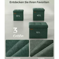 Rootz Vintage Grøn sædekiste - Opbevaring Ottoman - Fodstøtte - MDF imiteret linned - 25D skum - 30 cm x 30 cm x 30 cm - 1,6 kg - 130 kg Kapacitet