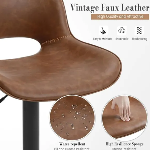 Rootz Vintage imiteret læder barstol - Vandtæt - Slidbestandig - Ergonomisk - Justerbar højde - Brun - 48cm x (85-105,5)cm x 49cm