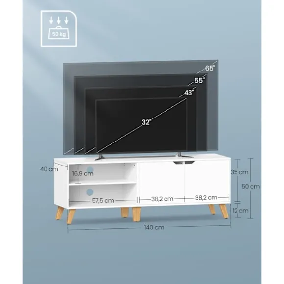 Rootz White Chipboard TV-skab - Underholdningscenter - Mediekonsol - Rummelig opbevaring - Robust konstruktion - Moderne design - 40cm x 140cm x 50cm | Fyndiq