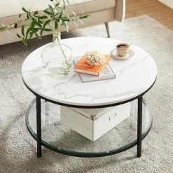 Rootz White Marble Look Sofabord - Moderne Bord - Spånplade stålramme - Hærdet glasplade - Stilfuldt design - Letvægts - Nem montering - 80 cm x 44,5 | Fyndiq