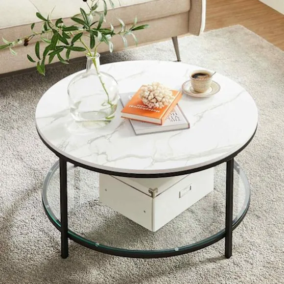 Rootz White Marble Look Sofabord - Moderne Bord - Spånplade stålramme - Hærdet glasplade - Stilfuldt design - Letvægts - Nem montering - 80 cm x 44,5 | Fyndiq