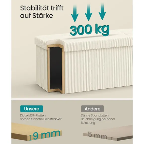Rootz White Seat Bryst - Opbevaringsbænk - polstret osmannisk - Max belastning 300 kg - 38 cm x 110 cm x 38 cm
