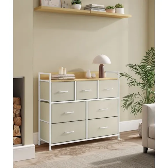 Rootz White 6-skuffers kommode - Trækiste - Stofskuffefronter - Spånplade - 28,5 cm x 98 cm x 85 cm - Organizer - 6 skuffer