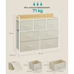 Rootz White 6-skuffers kommode - Trækiste - Stofskuffefronter - Spånplade - 28,5 cm x 98 cm x 85 cm - Organizer - 6 skuffer
