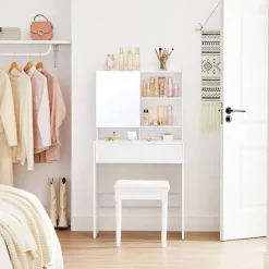 Rootz White spånplade sminkebord - Sminkebord - Makeup skrivebord - 70 x 40 x 136 cm - Anti-Tip-enhed - Nem montering - Opbevaringsplads