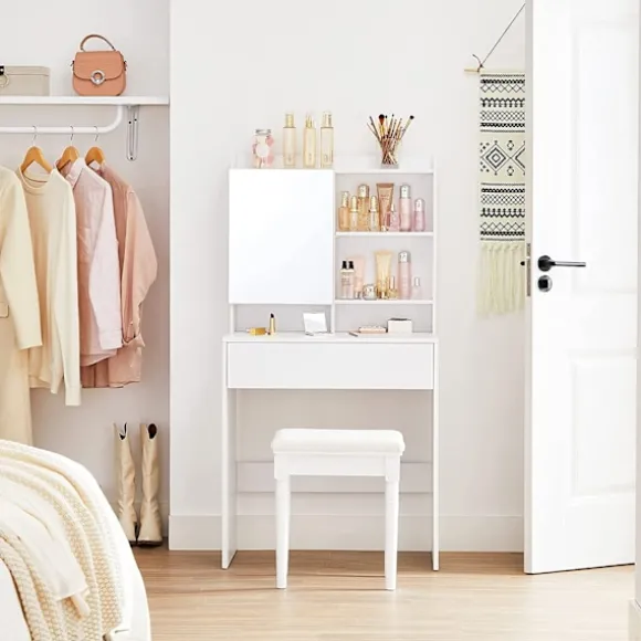 Rootz White spånplade sminkebord - Sminkebord - Makeup skrivebord - 70 x 40 x 136 cm - Anti-Tip-enhed - Nem montering - Opbevaringsplads