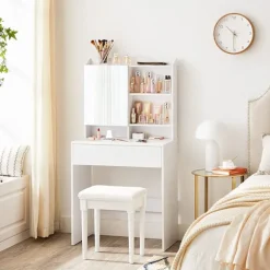 Rootz White spånplade sminkebord - Sminkebord - Makeup skrivebord - 70 x 40 x 136 cm - Anti-Tip-enhed - Nem montering - Opbevaringsplads