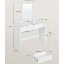 Rootz White spånplade sminkebord - Vanity Desk - Makeup Bord - Rummelig opbevaring - 40 cm x 100 cm x 145 cm