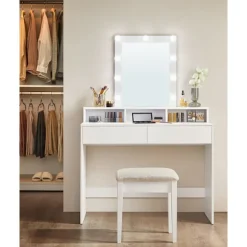 Rootz White spånplade sminkebord - Vanity Desk - Makeup Bord - Rummelig opbevaring - 40 cm x 100 cm x 145 cm