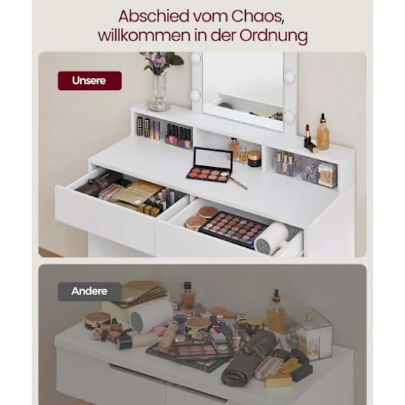 Rootz White spånplade sminkebord - Vanity Desk - Makeup Bord - Rummelig opbevaring - 40 cm x 100 cm x 145 cm