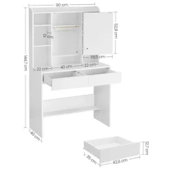 Rootz White Toiletbord - Spånplader - Makeup Skrivebord - Opbevaringsorganer - 40 cm x 90 cm x 144,7 cm - 31,6 kg - 100 kg Belastningskapacitet