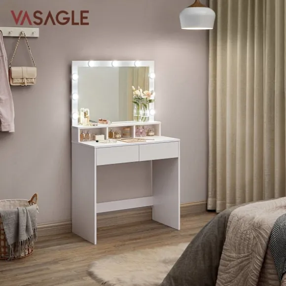 Rootz White Toiletbord - Sminkebord - Makeup Skrivebord - Spånplademateriale - Melaminbelægning - 80 cm x 40 cm x 140 cm - LED-pærer inkluderet - Anti | Fyndiq