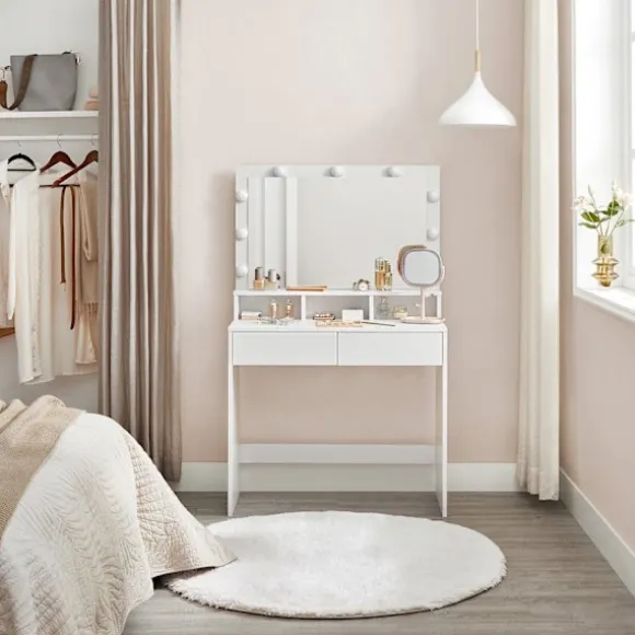 Rootz White Toiletbord - Sminkebord - Makeup Skrivebord - Spånplademateriale - Melaminbelægning - 80 cm x 40 cm x 140 cm - LED-pærer inkluderet - Anti | Fyndiq