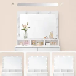 Rootz White Toiletbord - Sminkebord - Makeup Skrivebord - Spånplademateriale - Melaminbelægning - 80 cm x 40 cm x 140 cm - LED-pærer inkluderet - Anti | Fyndiq