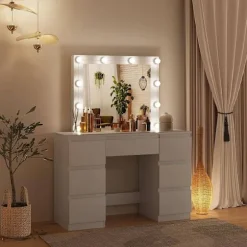 Rootz White Toiletbord - Vanity Desk - Makeup Bord - Justerbar LED-belysning - Rigelig opbevaring - Holdbart design - 110 cm x 140,5 cm x 39,5 cm