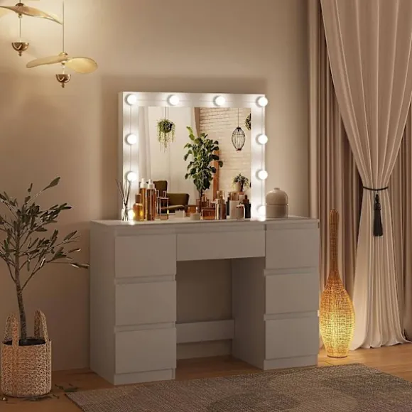 Rootz White Toiletbord - Vanity Desk - Makeup Bord - Justerbar LED-belysning - Rigelig opbevaring - Holdbart design - 110 cm x 140,5 cm x 39,5 cm