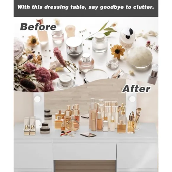 Rootz White Toiletbord - Vanity Desk - Makeup Bord - Justerbar LED-belysning - Rigelig opbevaring - Holdbart design - 110 cm x 140,5 cm x 39,5 cm