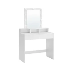 Rootz White Toiletbord med spejl - Sminkebord - Makeupbord - Spånpladekonstruktion - 2 skuffer - 3 rum - Hævet hylde - Pærer - Nem makeup-rutine - Bør | Fyndiq