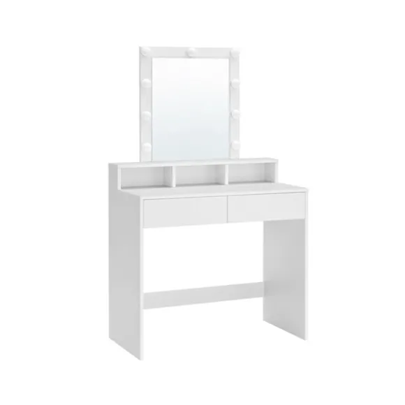 Rootz White Toiletbord med spejl - Sminkebord - Makeupbord - Spånpladekonstruktion - 2 skuffer - 3 rum - Hævet hylde - Pærer - Nem makeup-rutine - Bør | Fyndiq