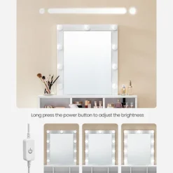 Rootz White Toiletbord med spejl - Sminkebord - Makeupbord - Spånpladekonstruktion - 2 skuffer - 3 rum - Hævet hylde - Pærer - Nem makeup-rutine - Bør | Fyndiq