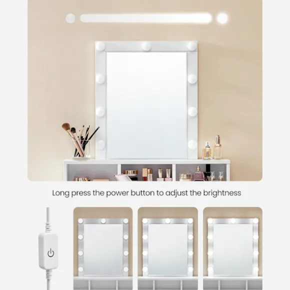 Rootz White Toiletbord med spejl - Sminkebord - Makeupbord - Spånpladekonstruktion - 2 skuffer - 3 rum - Hævet hylde - Pærer - Nem makeup-rutine - Bør | Fyndiq