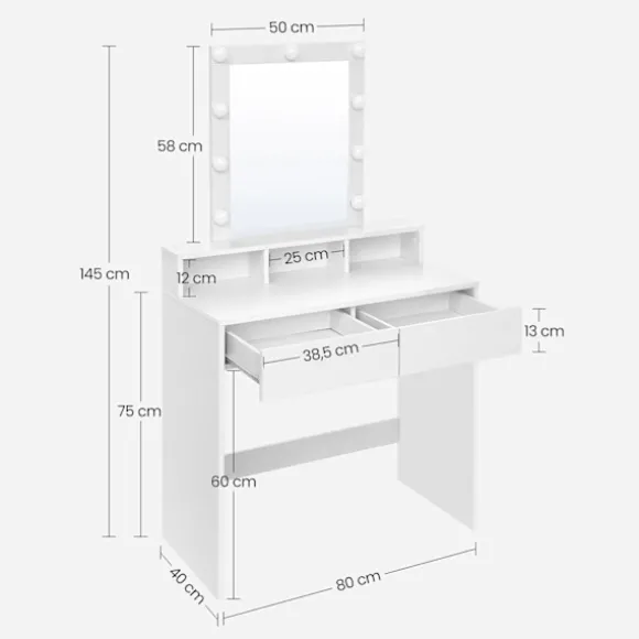 Rootz White Toiletbord med spejl - Sminkebord - Makeupbord - Spånpladekonstruktion - 2 skuffer - 3 rum - Hævet hylde - Pærer - Nem makeup-rutine - Bør | Fyndiq